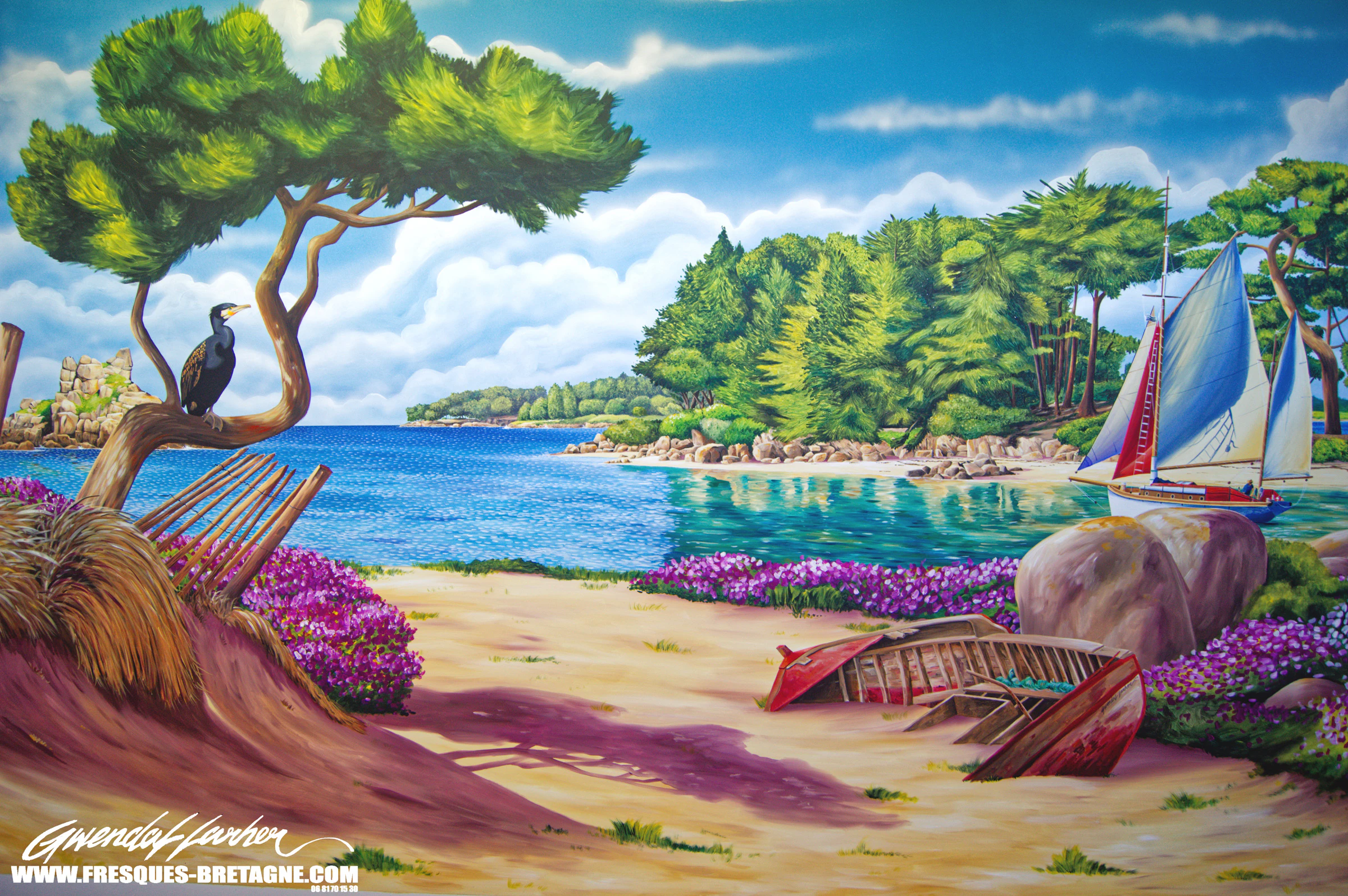 Détail d'une fresque de paysage maritime en trompe-l'œil sur le mur d'une piscine intérieure de particulier à Guingamp, peinture résistante à l'humidité